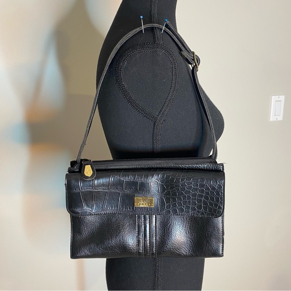 CORNELL Black Croc Embossed Shoulder Bag Purse Handbag Faux Leather - Picture 5 of 14